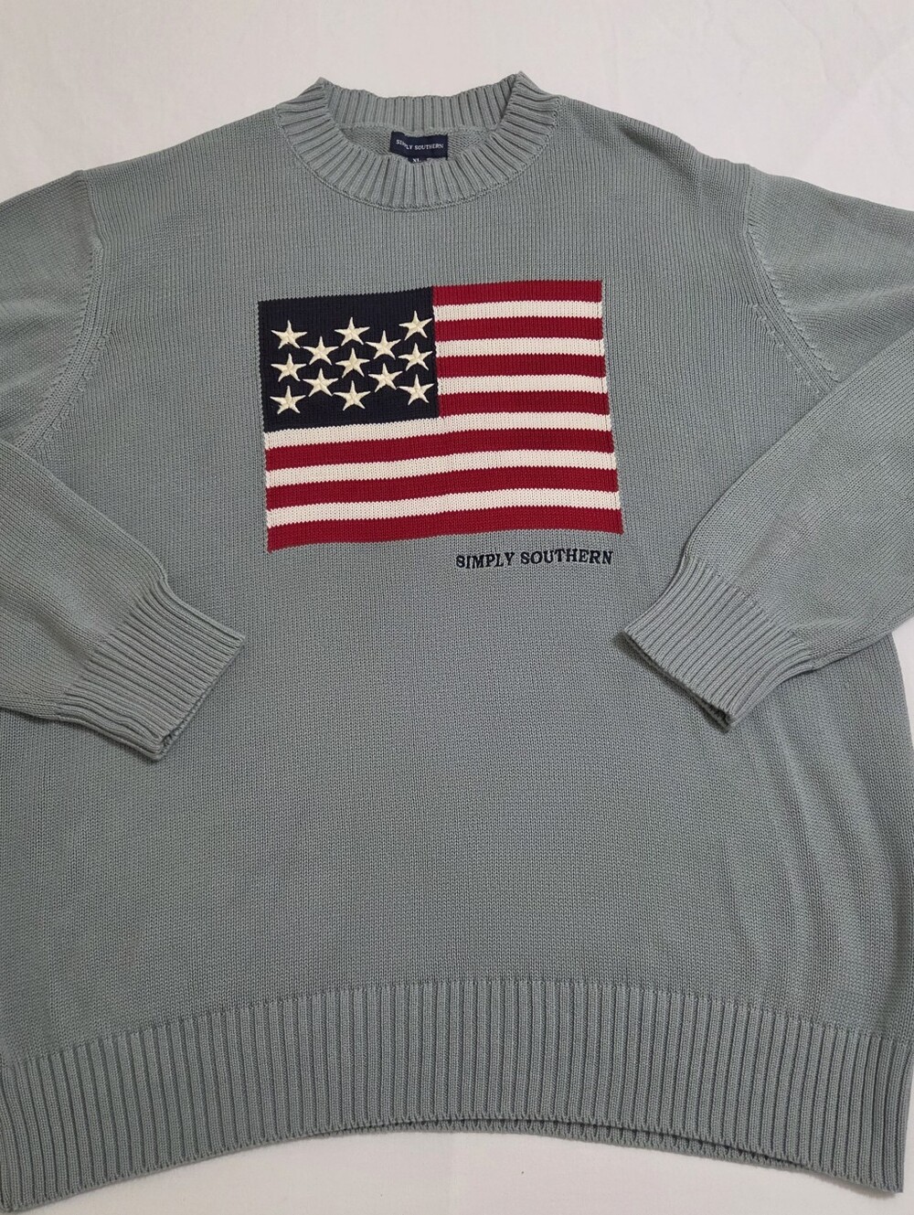 Simply Southern Men's Sweater Light Blue Crewneck with American Flag Size XL